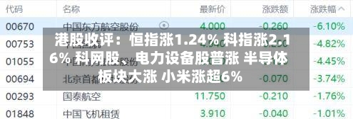 港股收评：恒指涨1.24% 科指涨2.16% 科网股、电力设备股普涨 半导体板块大涨 小米涨超6%