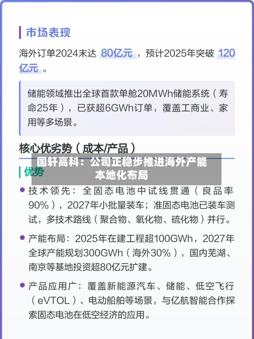 国轩高科：公司正稳步推进海外产能本地化布局